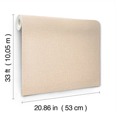 The Chesapeake Sonia Faux Linen Wallpaper by York Wallcoverings is shown partially unrolled. Its dimensions are labeled: 33 ft (10.05 m) in length and 20.86 in (53 cm) in width.