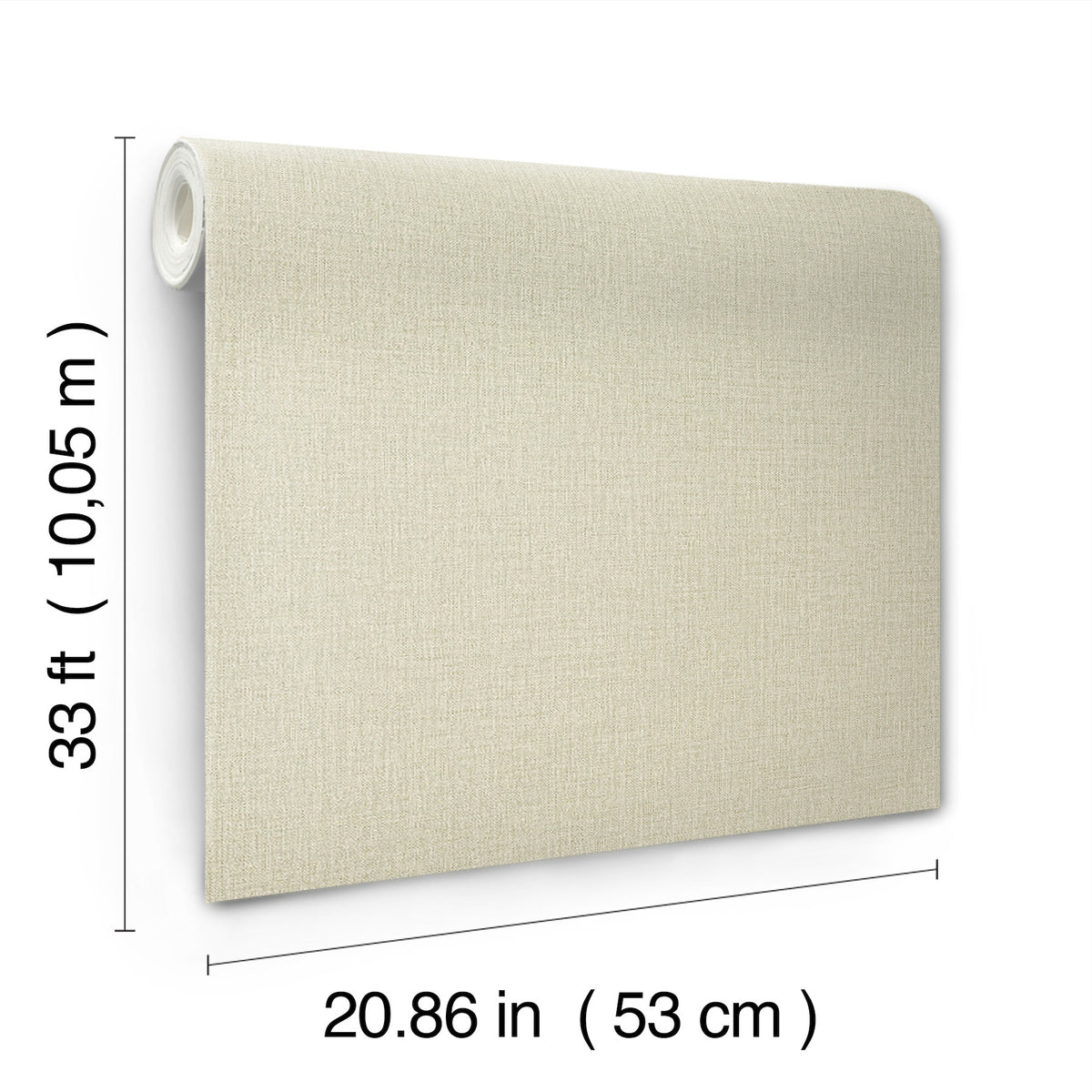 The Chesapeake Sonia Faux Linen Wallpaper by York Wallcoverings is displayed vertically, with dimensions labeled as 33 ft (10.05 m) in length and 20.86 in (53 cm) in width.