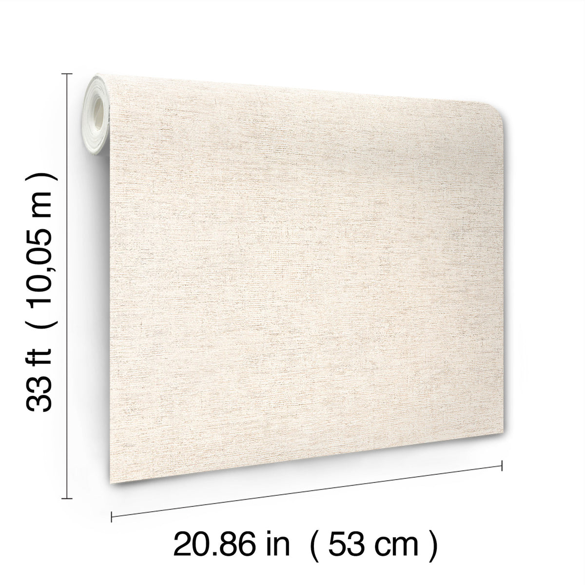 A roll of Chesapeake Tansy Distressed Wallpaper by York Wallcoverings in light beige with a textured finish, measuring 33 feet (10.05 meters) long and 20.86 inches (53 centimeters) wide.