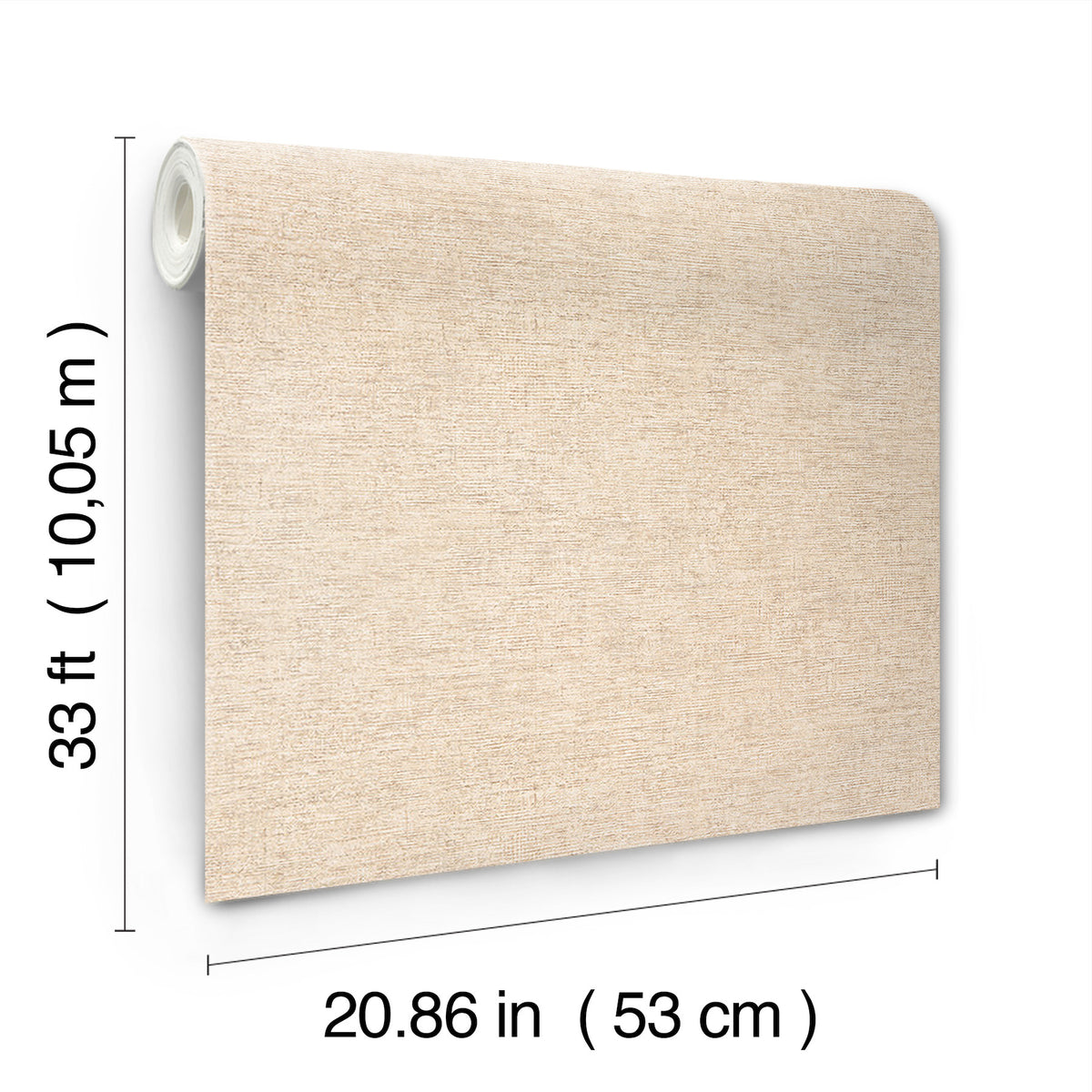 The Chesapeake Tansy Distressed Wallpaper by York Wallcoverings is shown in beige, with dimensions labeled as 33 feet (10.05 meters) long and 20.86 inches (53 centimeters) wide.