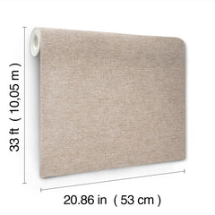 The Chesapeake Tansy Distressed Wallpaper by York Wallcoverings is shown partially unrolled in a beige color, with dimensions labeled as 33 ft (10.05 m) long and 20.86 in (53 cm) wide.