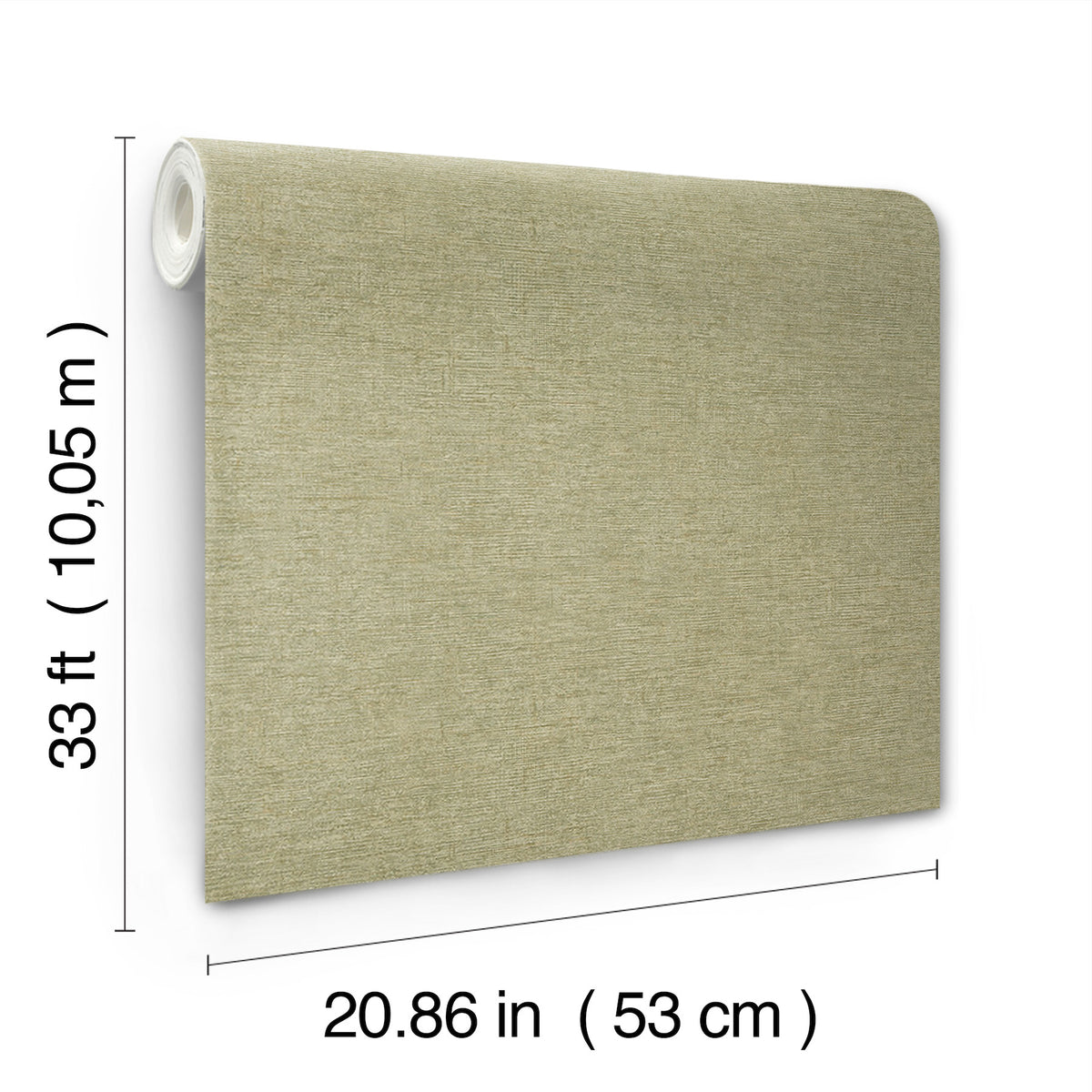 The Chesapeake Tansy Distressed Wallpaper by York Wallcoverings, in a beige color, is shown against a white background. The wallpaper roll measures 33 feet (10.05 meters) in length and 20.86 inches (53 centimeters) in width.