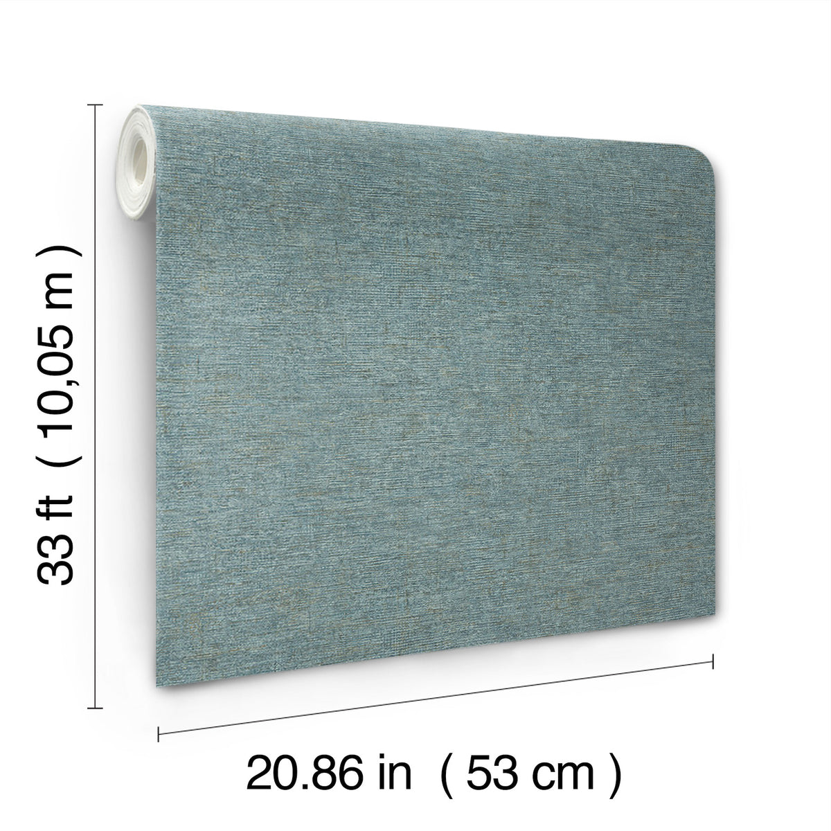 The Chesapeake Tansy Distressed Wallpaper by York Wallcoverings is displayed as a roll of textured blue wallpaper, measuring 33 feet (10.05 m) in length and 20.86 inches (53 cm) in width, with dimensions provided in both imperial and metric units.