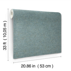 The Chesapeake Tansy Distressed Wallpaper by York Wallcoverings, featuring a blue textured design, is shown against a white background. The roll measures 33 feet (10.05 meters) in length and 20.86 inches (53 centimeters) in width.