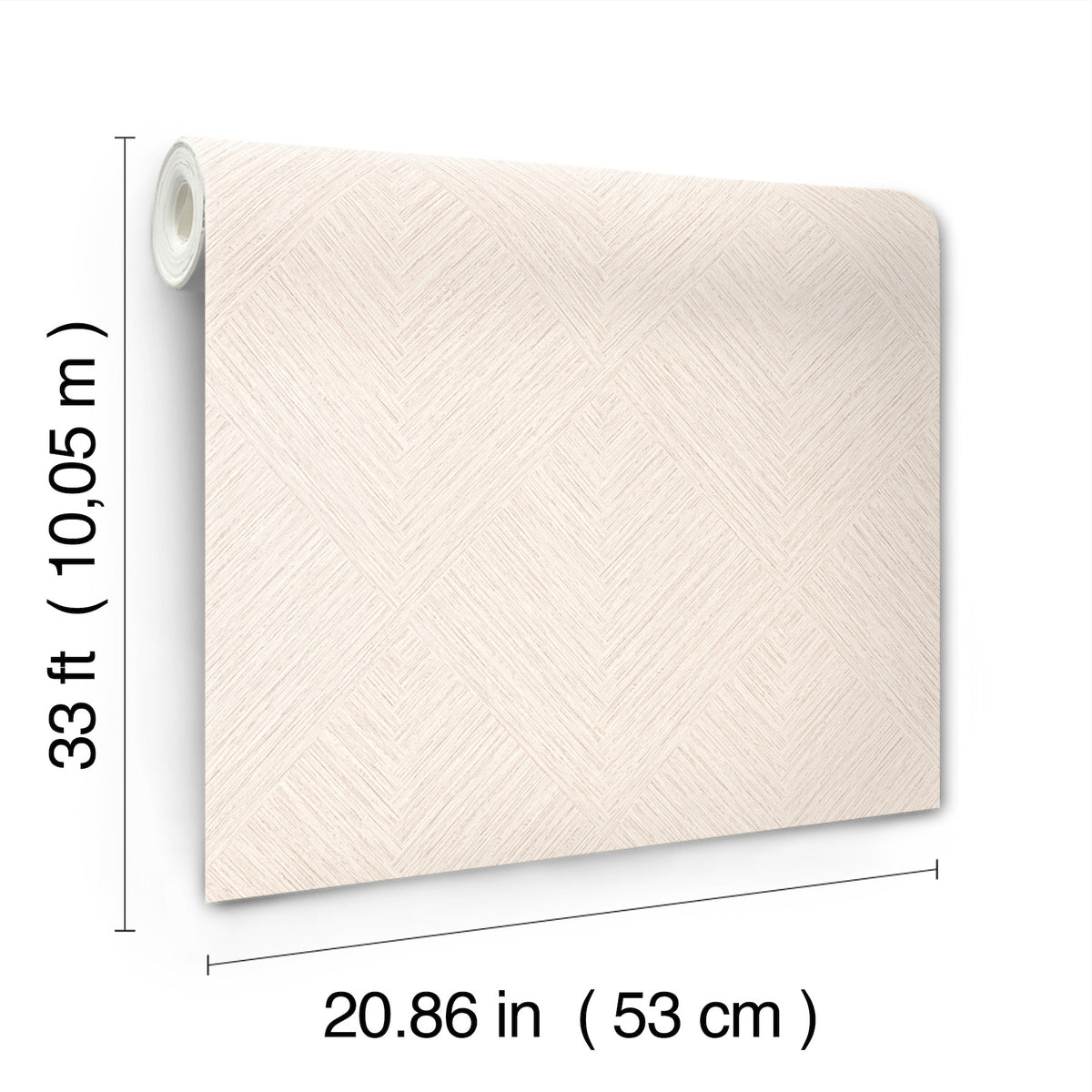 The Chesapeake Hollis Textured Diamond Wallpaper by York Wallcoverings is shown, featuring a subtle herringbone pattern and measuring 33 ft (10.05 m) in length and 20.86 in (53 cm) in width.