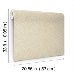 The Chesapeake Hollis Textured Diamond Wallpaper by York Wallcoverings is displayed in beige with a geometric pattern. The roll measures 33 ft (10.05 m) in length and 20.86 in (53 cm) in width.