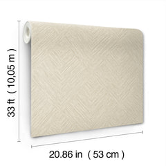 The Chesapeake Hollis Textured Diamond Wallpaper by York Wallcoverings features a beige geometric pattern and comes in rolls measuring 33 ft (10.05 m) long and 20.86 in (53 cm) wide.