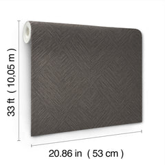 Chesapeake Hollis Textured Diamond Wallpaper by York Wallcoverings features a dark chevron pattern and comes in a roll measuring 33 feet (10.05 meters) long and 20.86 inches (53 centimeters) wide, with dimensions listed in both imperial and metric units.