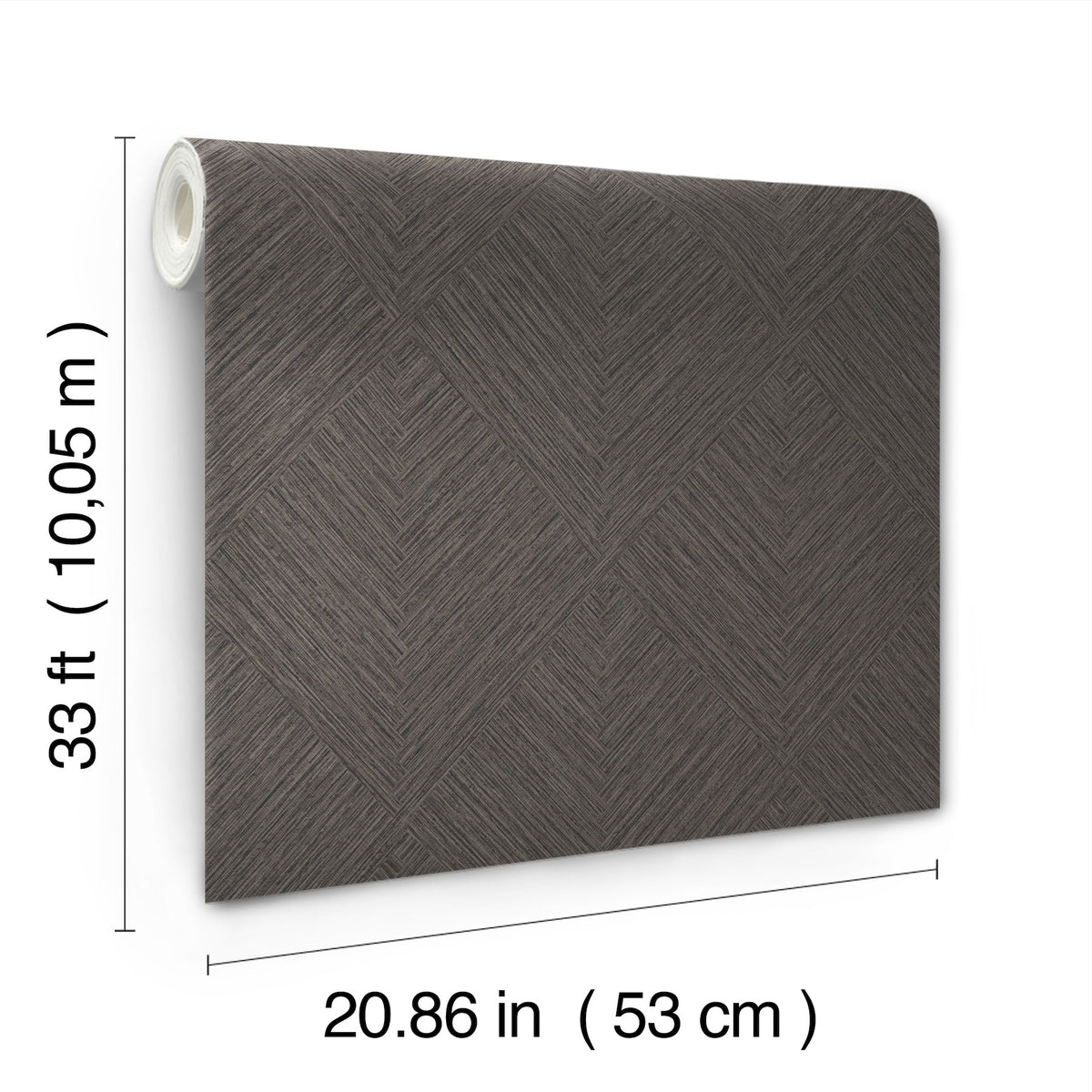 The Chesapeake Hollis Textured Diamond Wallpaper by York Wallcoverings is shown in the image, featuring a brown textured design with a chevron pattern. The roll measures 33 feet (10.05 m) in length and 20.86 inches (53 cm) in width.