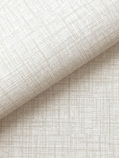 A close-up of Beau Faux Fabric Wallpaper by York Wallcoverings in light beige, featuring a subtle crisscross pattern and woven texture, with one piece rolled over another to showcase its detailed surface.