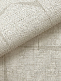 A close-up view of the Lyle Abstract Geometric Wallpaper by York Wallcoverings reveals its textured, beige surface with a subtle grid pattern and slight folds at the top, showcasing the intricate weave and neutral color.