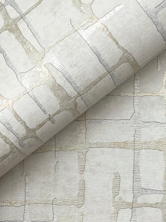 A close-up of the Rian Linear Abstract Wallpaper by York Wallcoverings, showcasing its textured surface with an abstract grid pattern in soft metallic and neutral tones, featuring overlapping lines and a subtle shine.