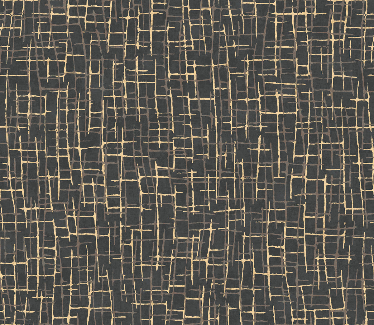 Rian Linear Abstract Wallpaper by York Wallcoverings features an abstract pattern of intersecting gold lines forming uneven rectangles and squares on a dark background, creating a grid-like, textured appearance.