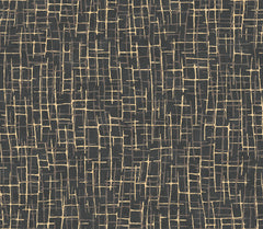 Rian Linear Abstract Wallpaper by York Wallcoverings features an abstract pattern of intersecting gold lines forming uneven rectangles and squares on a dark background, creating a grid-like, textured appearance.