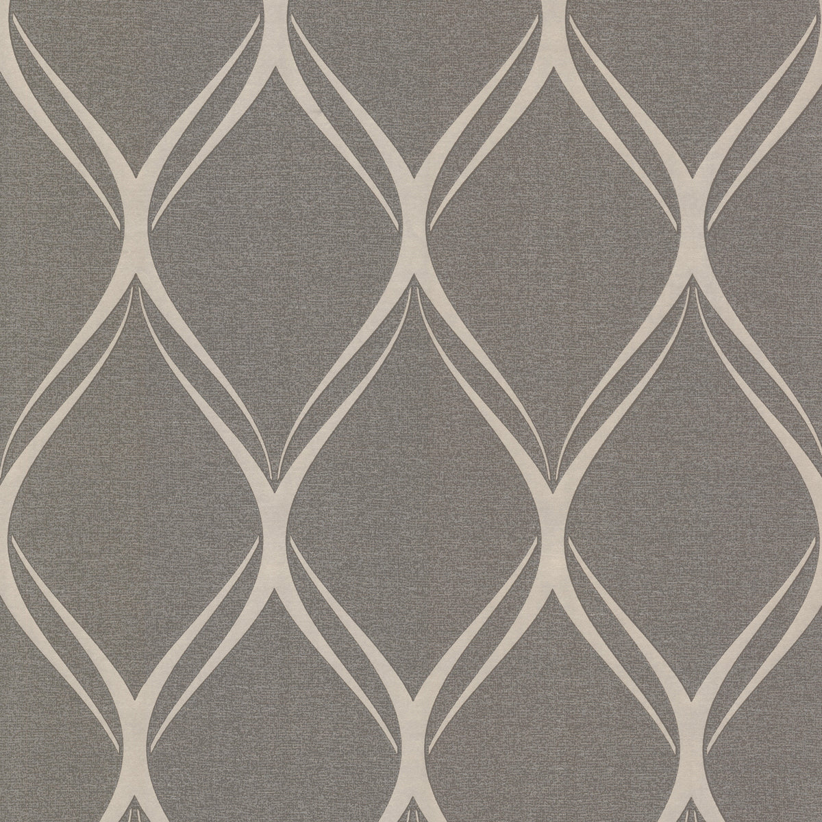 Discover the Gustav Geometric Wallpaper by York Wallcoverings, featuring interlocking beige lines that form diamond shapes across a textured gray background. The softly curving lines create an elegant, repeating lattice design for a sophisticated touch to your space.