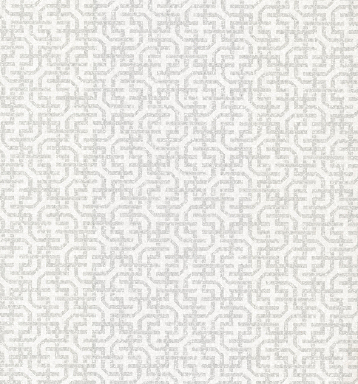 Featuring a light gray geometric maze pattern of interlocking squares and curved lines on a white background, York Wallcoverings’ Ronald Redding Dynastic Lattice Wallpaper offers a symmetrical, modern design.