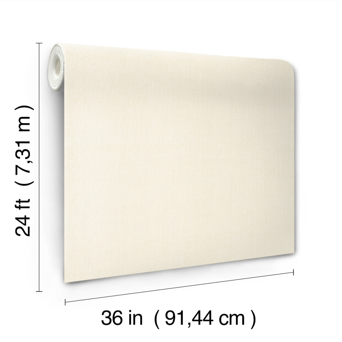 A roll of Woven Linen Wallpaper by York Wallcoverings is unrolled vertically, displaying its beige surface. Text indicates its dimensions: 24 feet (7.31 meters) in height by 36 inches (91.44 centimeters) in width.
