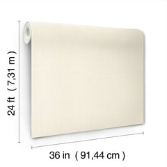 A roll of Woven Linen Wallpaper by York Wallcoverings is unrolled vertically, displaying its beige surface. Text indicates its dimensions: 24 feet (7.31 meters) in height by 36 inches (91.44 centimeters) in width.