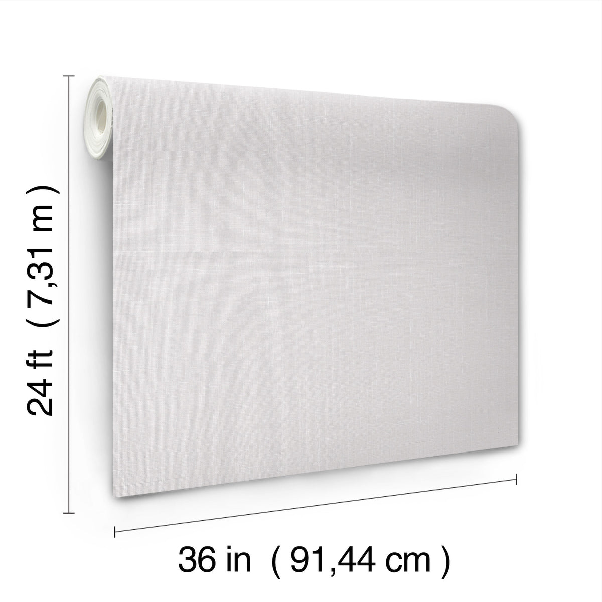 A roll of York Wallcoverings’ Woven Linen Wallpaper in white hangs down, measuring 24 feet (7.31 meters) in height and 36 inches (91.44 centimeters) in width, with dimensions labeled alongside the wallpaper.