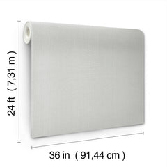 A roll of York Wallcoverings’ Woven Linen Wallpaper in light gray is displayed unrolled, with its dimensions labeled as 24 feet (7.31 m) tall and 36 inches (91.44 cm) wide.