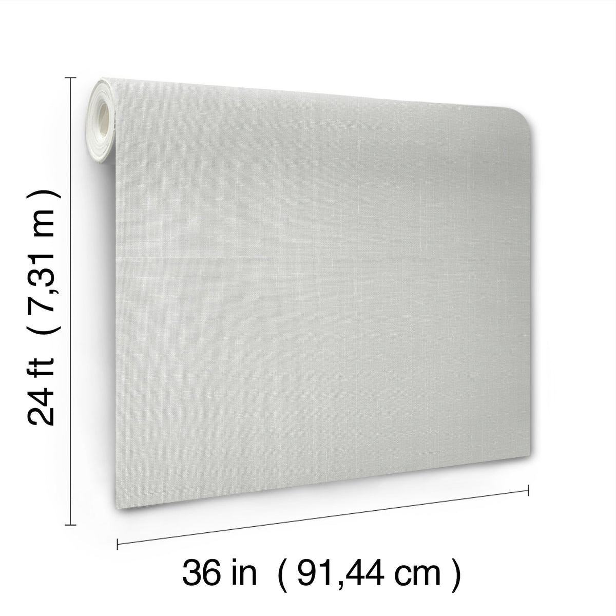 A roll of York Wallcoverings Woven Linen Wallpaper in light gray, unrolled to reveal its rectangular shape. Dimensions are indicated: 24 feet (7.31 meters) tall and 36 inches (91.44 centimeters) wide.