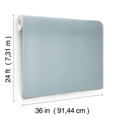 A roll of York Wallcoverings Woven Linen Wallpaper in light blue is displayed unrolled against a white background, with dimensions labeled: 24 ft (7.31 m) tall and 36 in (91.44 cm) wide.
