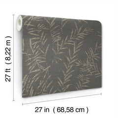 A roll of Allerton Bamboo Wallpaper with a leafy pattern shown unrolled; dimensions are 27 feet by 27 inches (8.22 m by 68.58 cm).