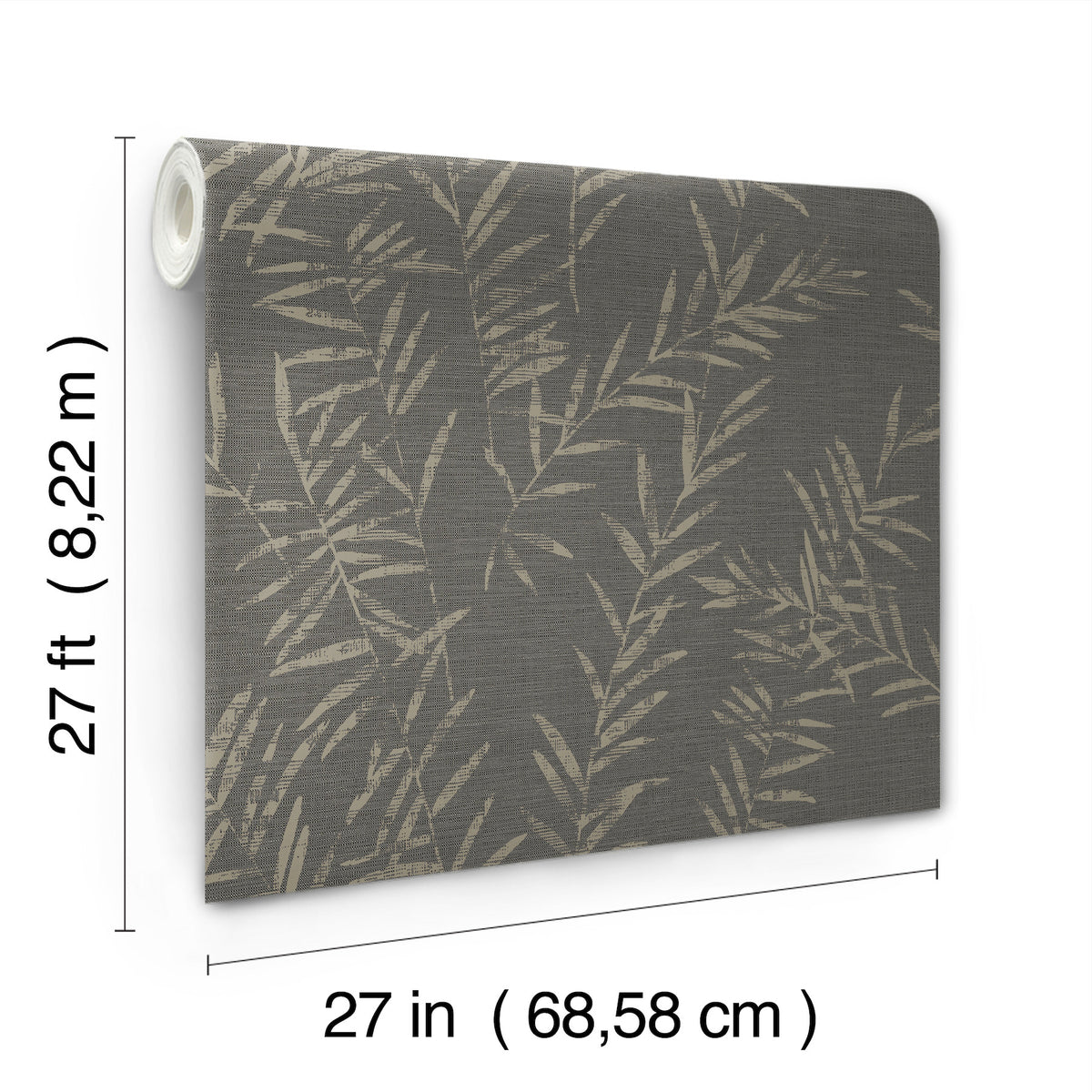 The Allerton Bamboo Wallpaper is a rolled strip featuring a gray background with a beige leaf pattern, measuring 27 feet (8.22 m) in length and 27 inches (68.58 cm) in width.