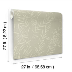 A roll of Allerton Bamboo Wallpaper in beige, featuring a subtle leaf pattern and measuring 27 feet (8.22 m) long by 27 inches (68.58 cm) wide.