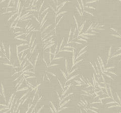Allerton Bamboo Wallpaper features a beige background adorned with a subtle pattern of overlapping, light-colored bamboo branches. Its textured, fabric-like finish creates a soft, natural, and calming aesthetic.