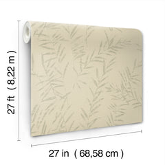 The Allerton Bamboo Wallpaper is displayed in a rolled form, featuring a subtle leafy pattern in beige. Its dimensions are 27 feet (8.22 meters) in length and 27 inches (68.58 centimeters) in width.