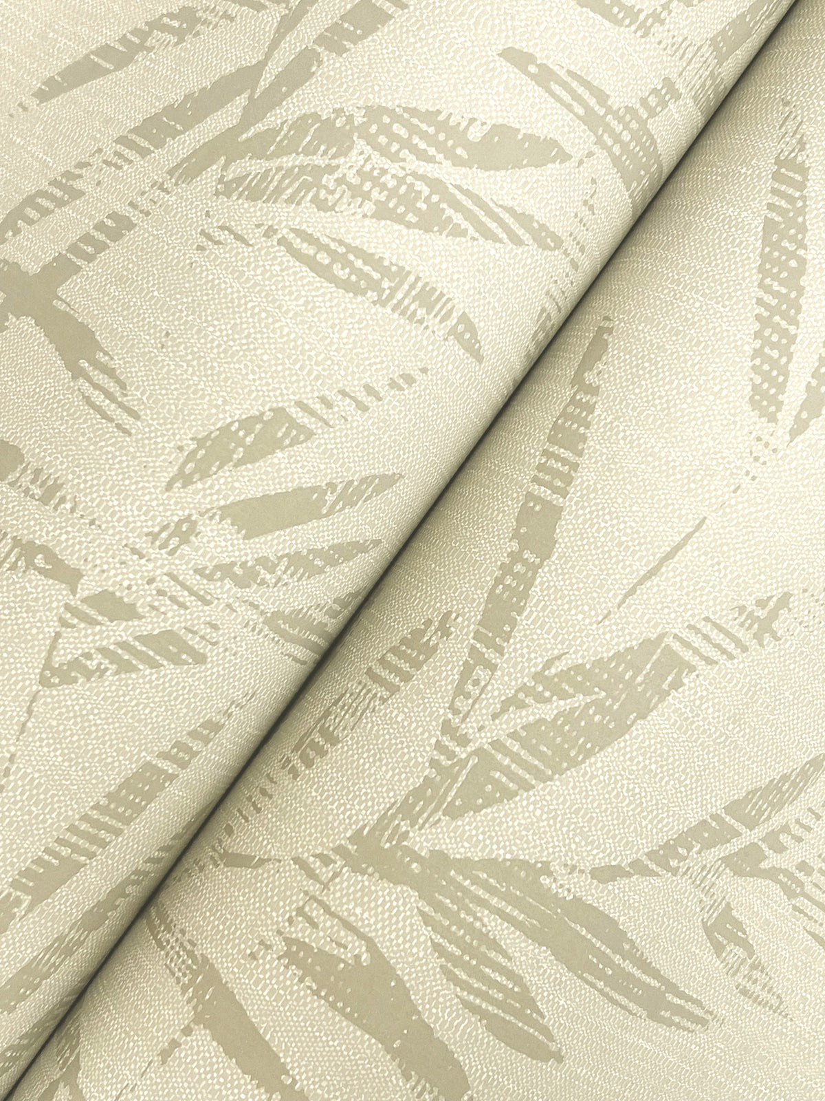 Allerton Bamboo Wallpaper, featuring a beige hue with a subtle, abstract leaf pattern and a slightly textured finish, displayed as two overlapping rolls placed diagonally.