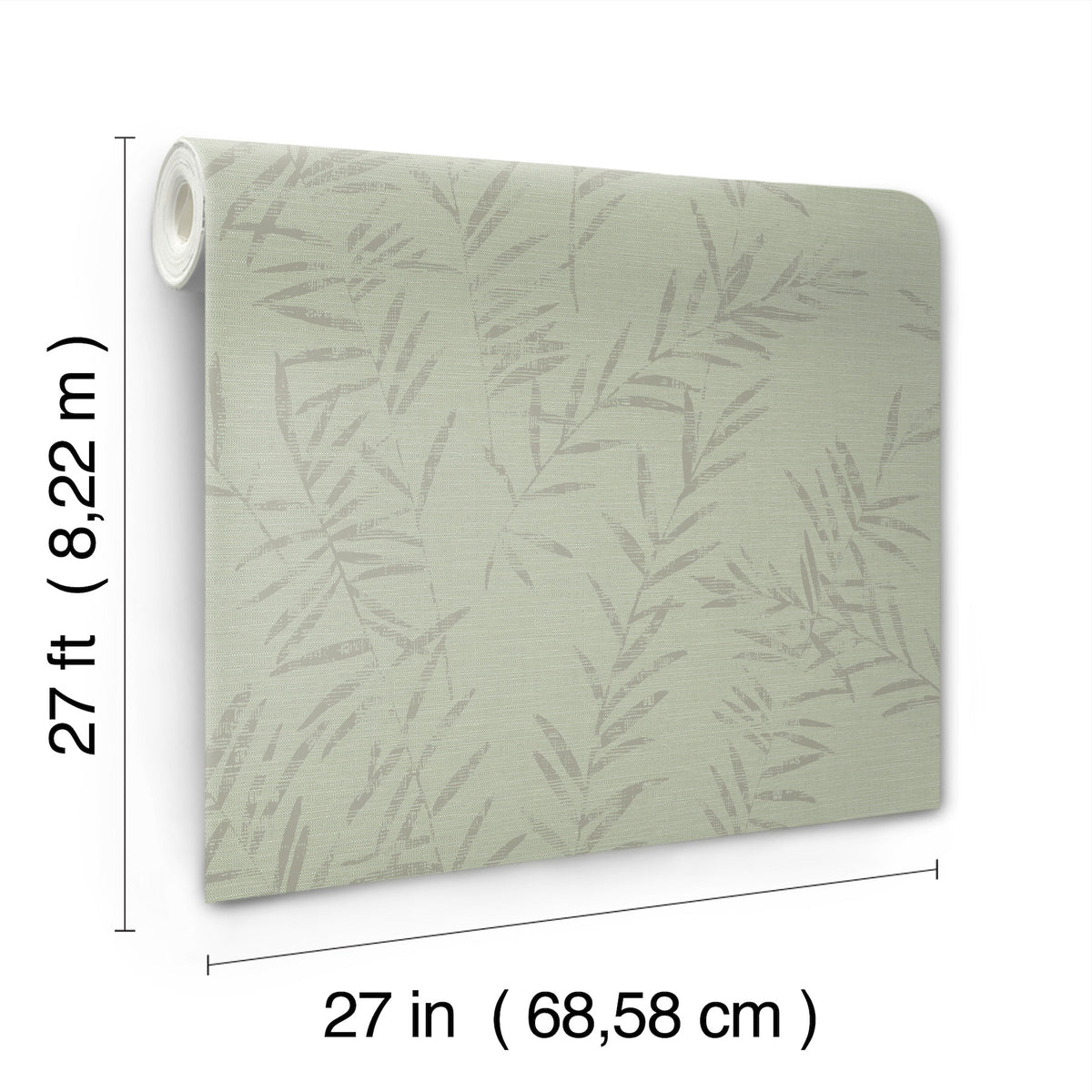 A roll of Allerton Bamboo Wallpaper in light green features a subtle leaf pattern and measures 27 feet (8.22 m) long by 27 inches (68.58 cm) wide.