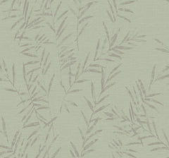 Allerton Bamboo Wallpaper features a pale green background adorned with a subtle, textured pattern of gray leafy branches, creating a soft, natural, and calming design.