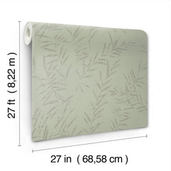 The Allerton Bamboo Wallpaper, featuring a subtle leaf pattern in light green, is shown in a roll measuring 27 feet (8.22 m) long and 27 inches (68.58 cm) wide against a white background.