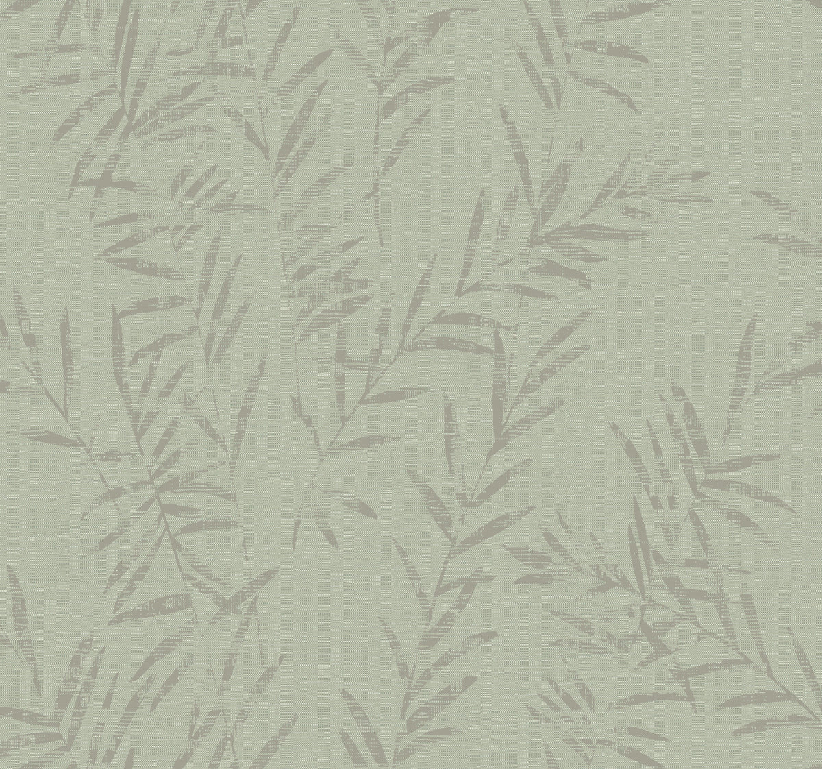 Allerton Bamboo Wallpaper features a light green background with a subtle, textured pattern of overlapping, grayish leafy branches, creating a soft, botanical design.