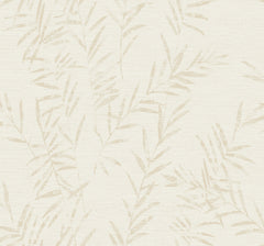 Allerton Bamboo Wallpaper features a light beige background with a subtle, textured pattern of overlapping, thin bamboo leaf branches, creating a soft, natural, and calming look. The leaves are gently scattered for an elegant and tranquil appearance.