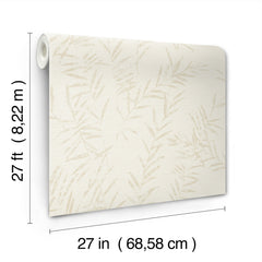 The Allerton Bamboo Wallpaper is shown, featuring a beige leaf pattern. Each roll measures 27 feet (8.22 meters) in length and 27 inches (68.58 cm) in width.