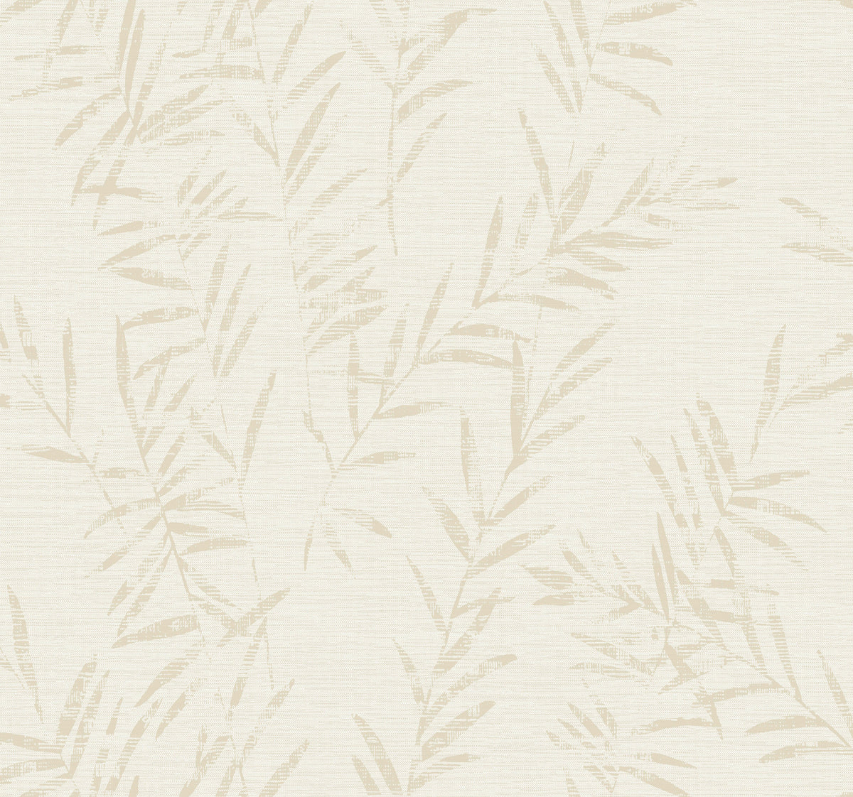 The Allerton Bamboo Wallpaper features a beige background adorned with a subtle, textured pattern of overlapping leafy bamboo branches, creating a soft and natural botanical design.