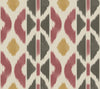 The Patan Wallpaper by York Wallcoverings features a geometric pattern with repeating shapes in red, gold, and dark gray on an off-white background, reminiscent of a traditional ikat textile design.