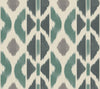 The Patan Wallpaper by York Wallcoverings features a geometric pattern with vertically repeating shapes in teal, gray, and black on an off-white background, evoking an abstract ikat textile design.