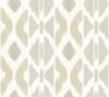 Patan Wallpaper by York Wallcoverings features a geometric pattern with repeating soft beige and gray abstract shapes on a white background, reminiscent of a modern ikat textile design.