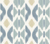 Introducing the Patan Wallpaper by York Wallcoverings, showcasing a seamless pattern of abstract geometric shapes in muted blue, beige, and gray tones on a white background, evoking the look of a modern Ikat textile design.