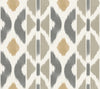 The Patan Wallpaper by York Wallcoverings features a geometric pattern with repeating diamond and chevron shapes in beige, gray, and taupe on a white background, reminiscent of a woven or ikat textile design.