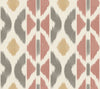 The Patan Wallpaper by York Wallcoverings features a geometric ikat pattern with vertical stripes in beige, gray, and rose pink on a cream background, showcasing abstract shapes and a textured, brushstroke effect.