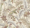 Heronwood Wallpaper features an intricate vintage-style botanical pattern with tropical birds, large leaves, flowers, and berries in muted earth tones on a beige background.