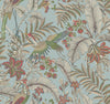 Heronwood Wallpaper features colorful birds and tropical foliage adorned with red flowers and berries, all set against a light blue background in a detailed, ornate illustration style.