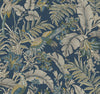 Heronwood Wallpaper features an intricate pattern of tropical birds, leaves, and flowers in shades of blue, gold, and cream set against a dark blue background.