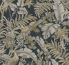 Heronwood Wallpaper features an intricate pattern of hummingbirds, tropical leaves, and assorted flowers in gold, white, and gray tones against a dark background.