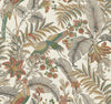 Heronwood Wallpaper showcases an intricate botanical pattern with colorful birds, large tropical leaves, flowers, and fruits set against a light background. The design features muted greens, reds, yellows, and browns in a detailed vintage style.